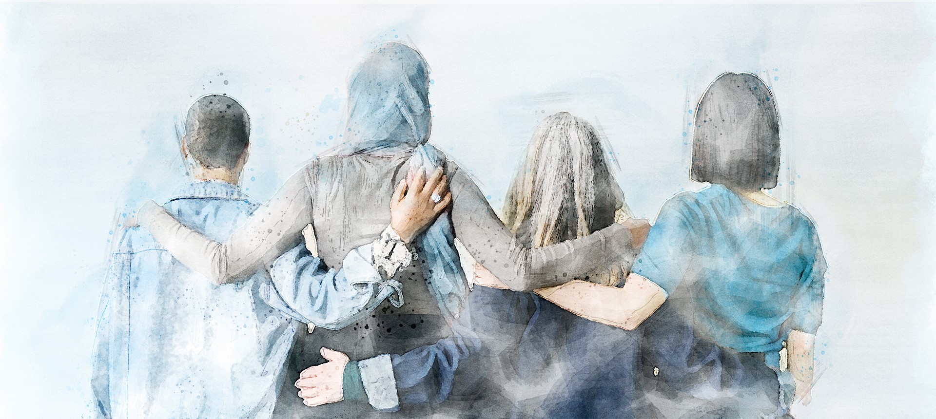 Aquarellillustration in Blau-, Grau- und Weißtönen: Vier Personen stehen mit den Armen umeinander und sind von hinten zu sehen.